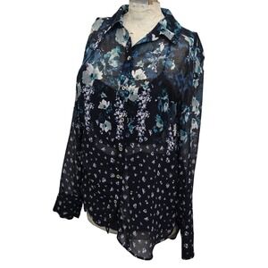 Tommy Hilfiger Blouse Women's Small Blue Floral Sheer‎ Button Up Long Sleeve Top